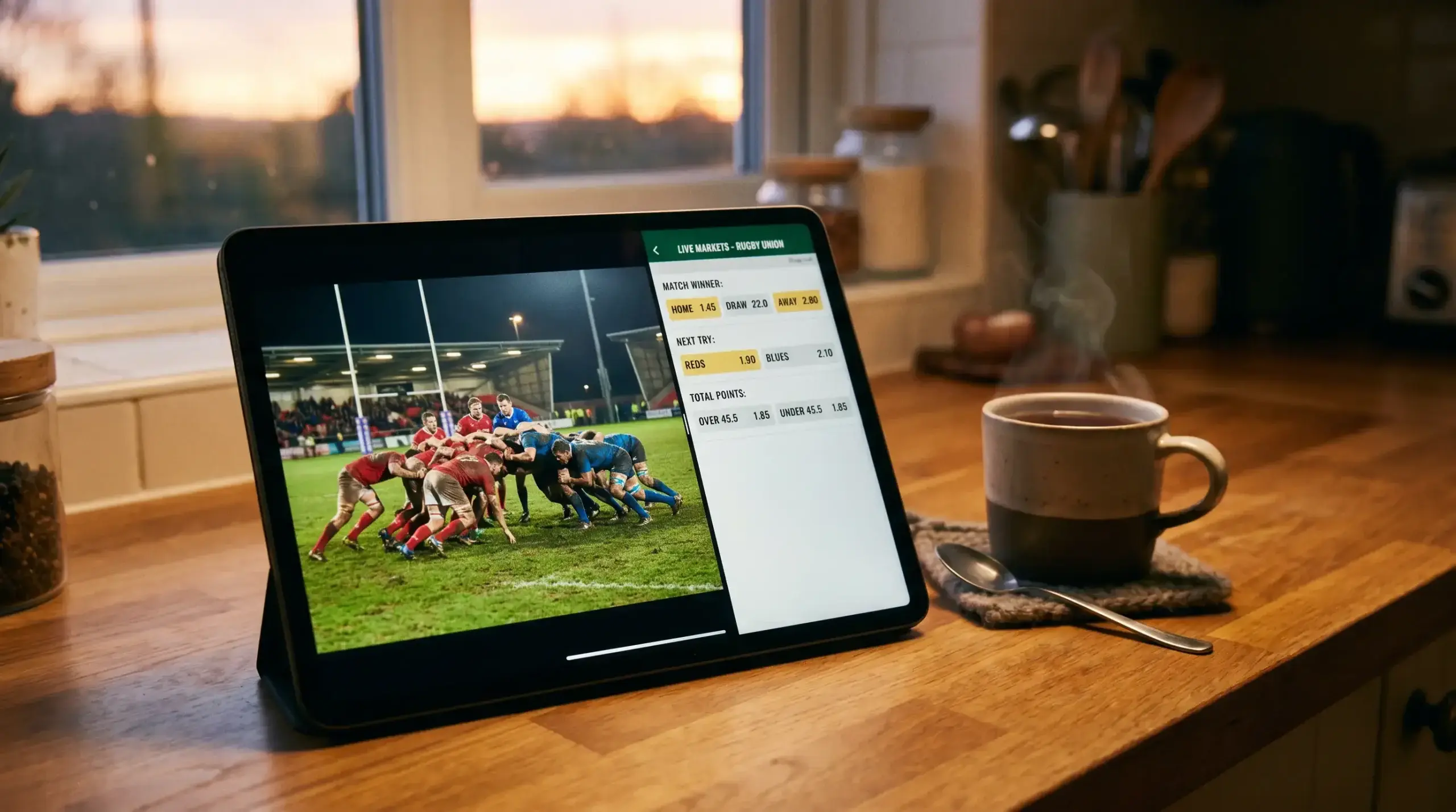 Rugby World Cup match streamed on a tablet next to live in-play betting markets