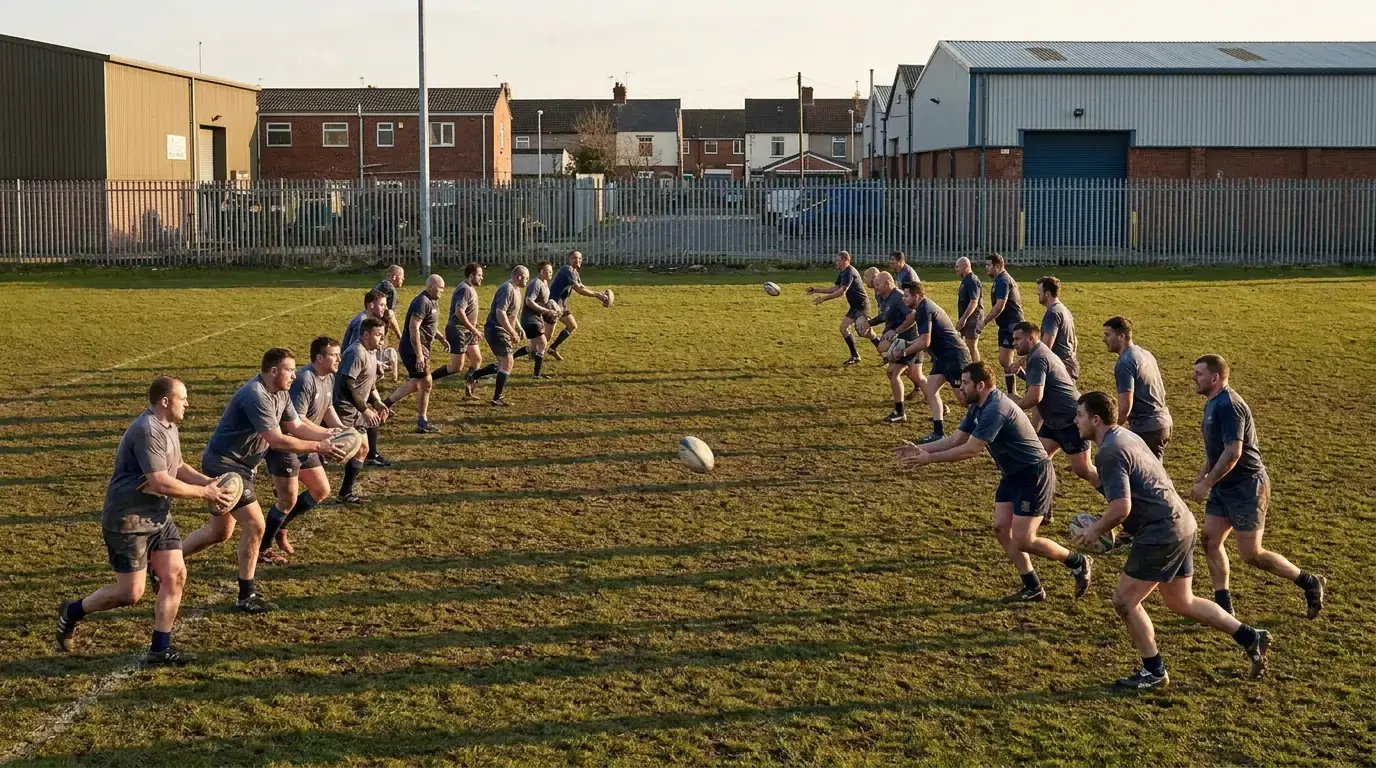 Tier-two rugby team in training on a less-used pitch