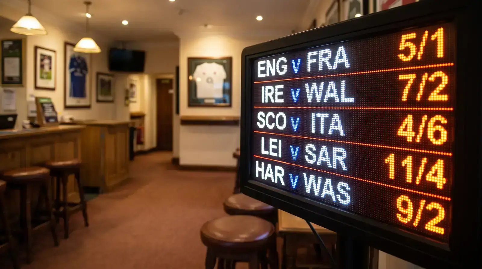 Close-up of a high street bookmaker's odds board listing rugby union match prices in fractional format