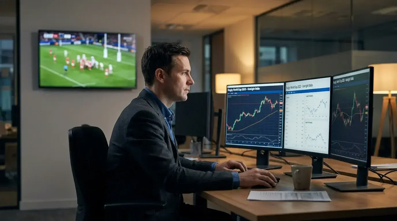 Trader watching multiple sportsbook screens as Rugby World Cup outright odds shift