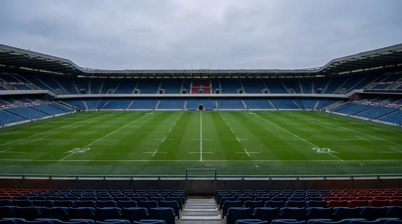 Empty rugby pitch from elevated stand view before kick-off, fresh paint lines visible