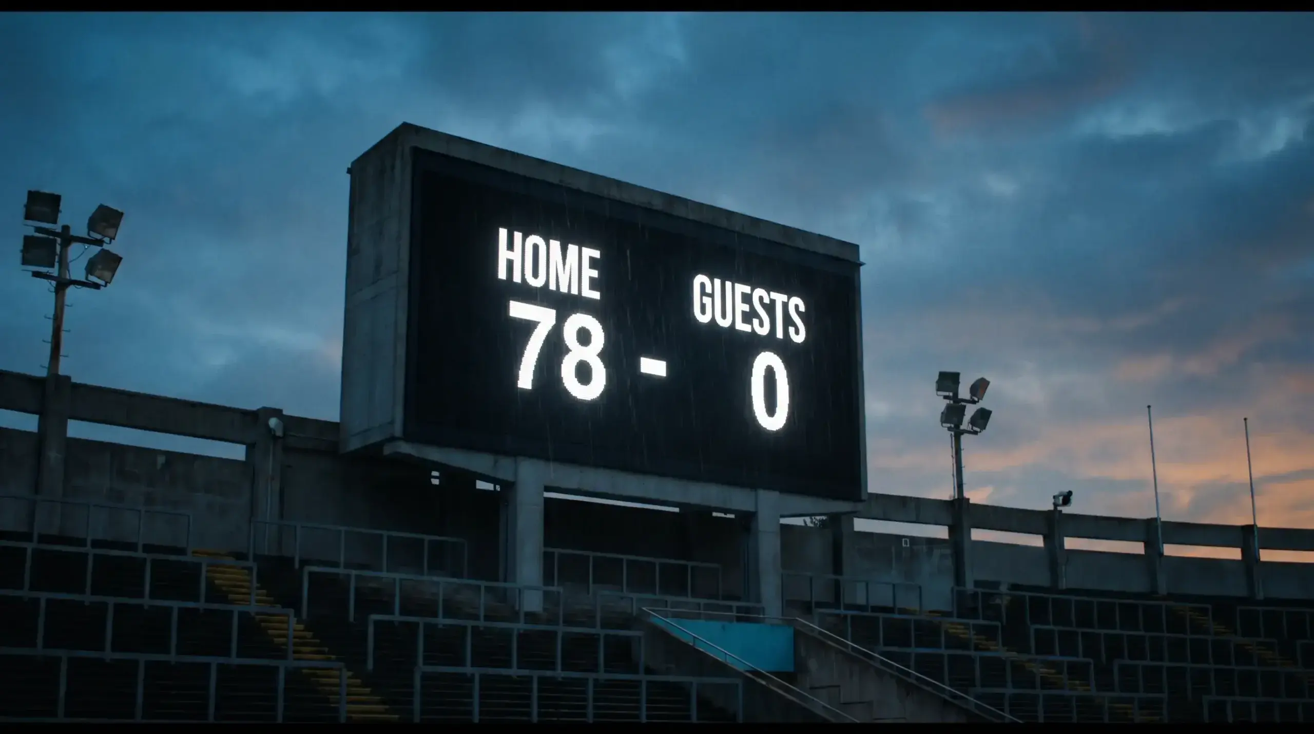 Scoreboard showing a one-sided rugby score line on a stadium gantry