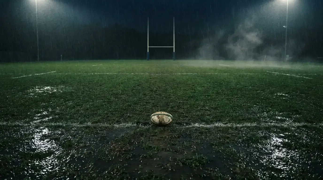 Wet rugby pitch under floodlights before a Rugby World Cup kick-off