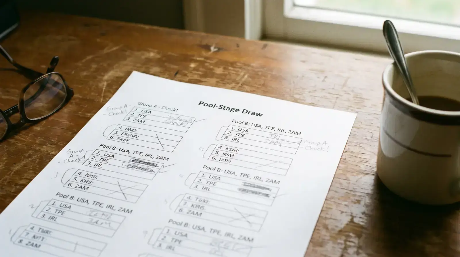 A pool draw printed on paper with handwritten annotations