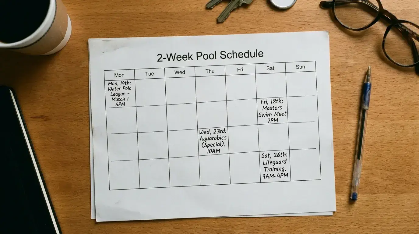 Printed pool schedule grid with four fixtures plotted across two weeks