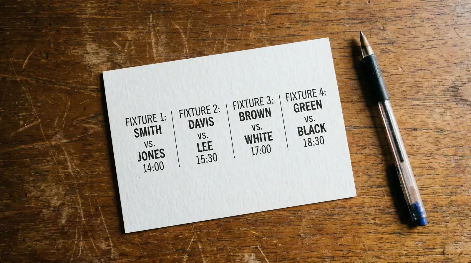 Printed pool schedule card showing four fixtures across a calendar timeline
