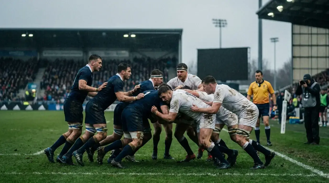 Rugby pool-stage match in progress with a maul forming
