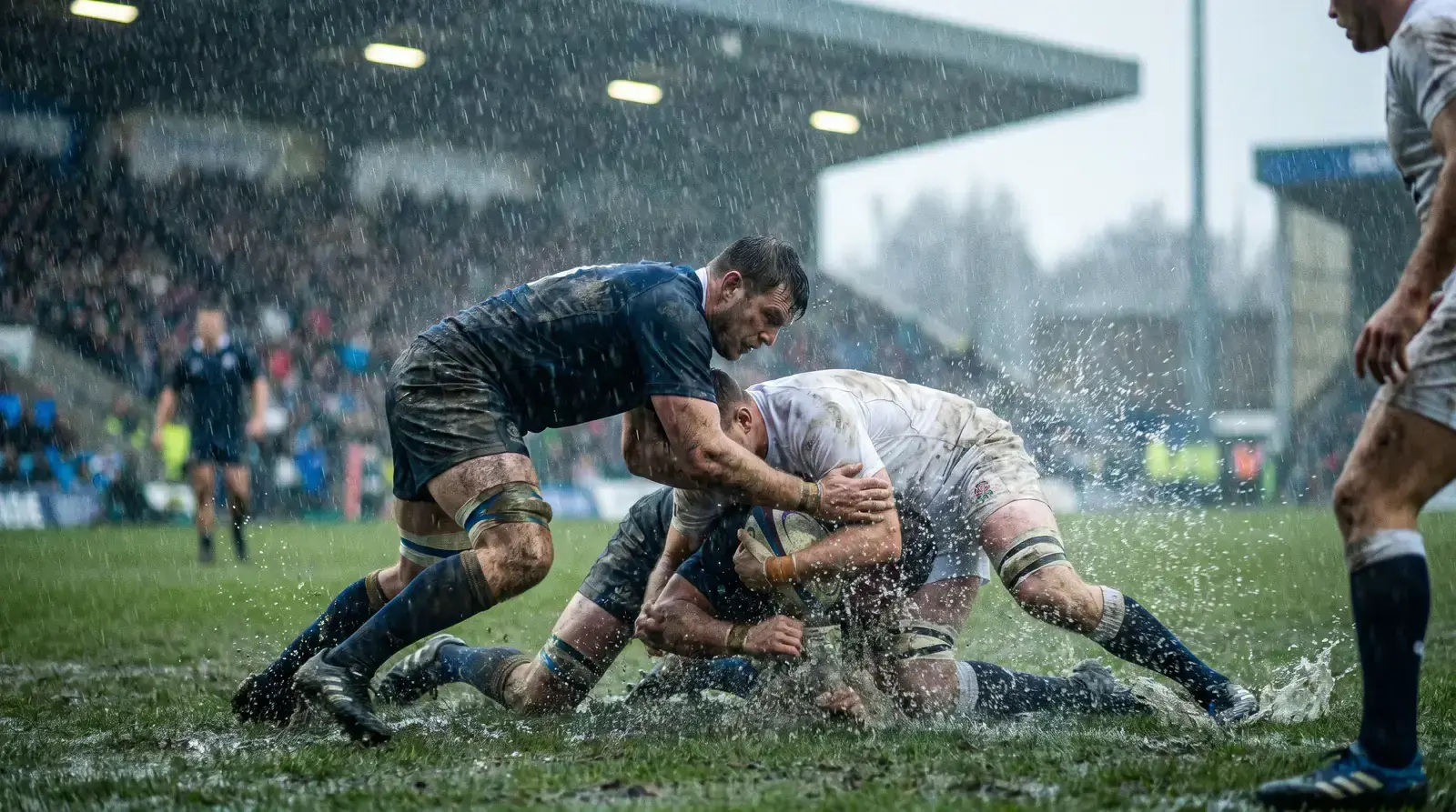 Heavy rain falling on a rugby pitch with players in plain kits visible through the downpour