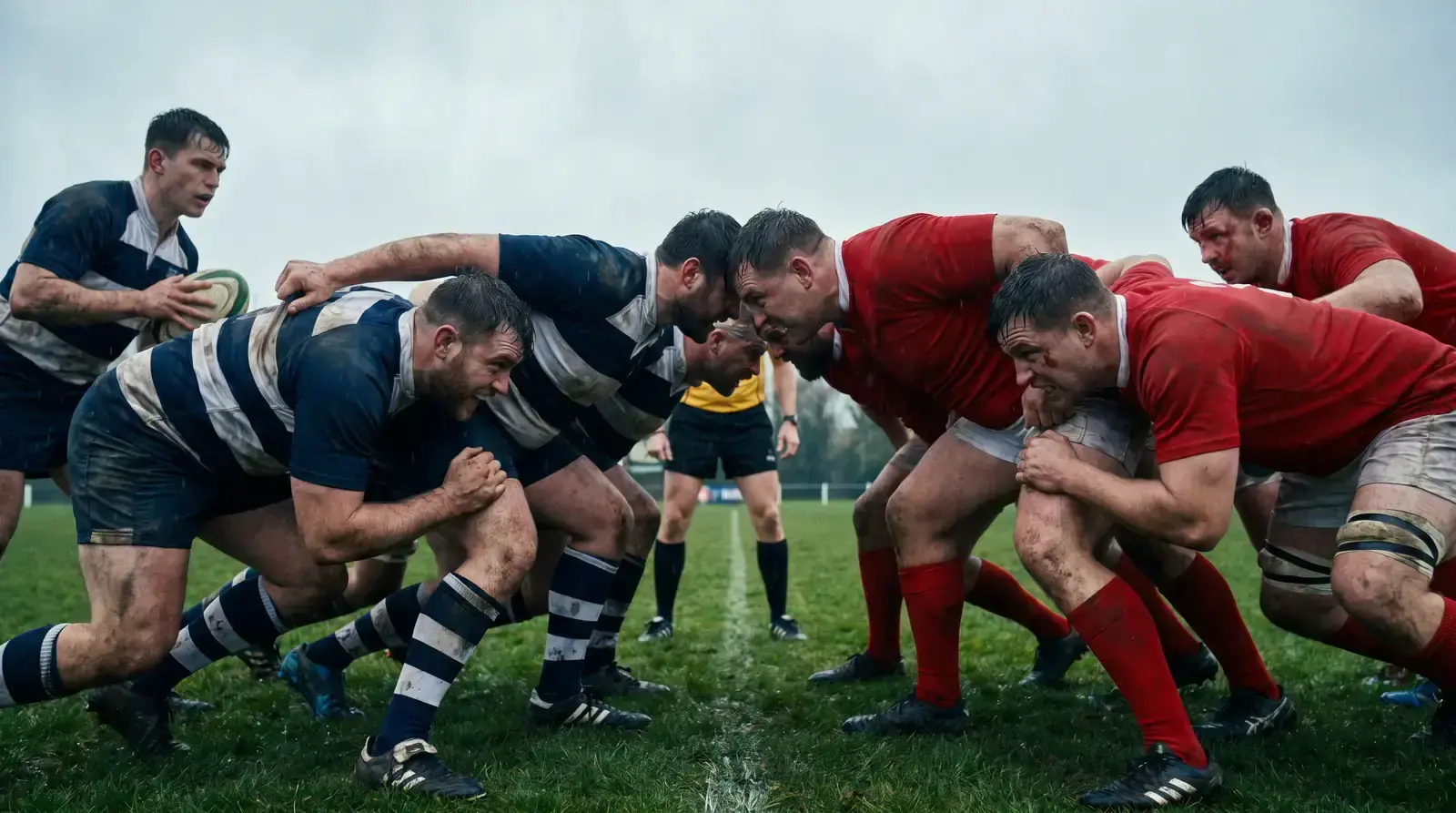 Rugby scrum set piece engaging at low forward angles