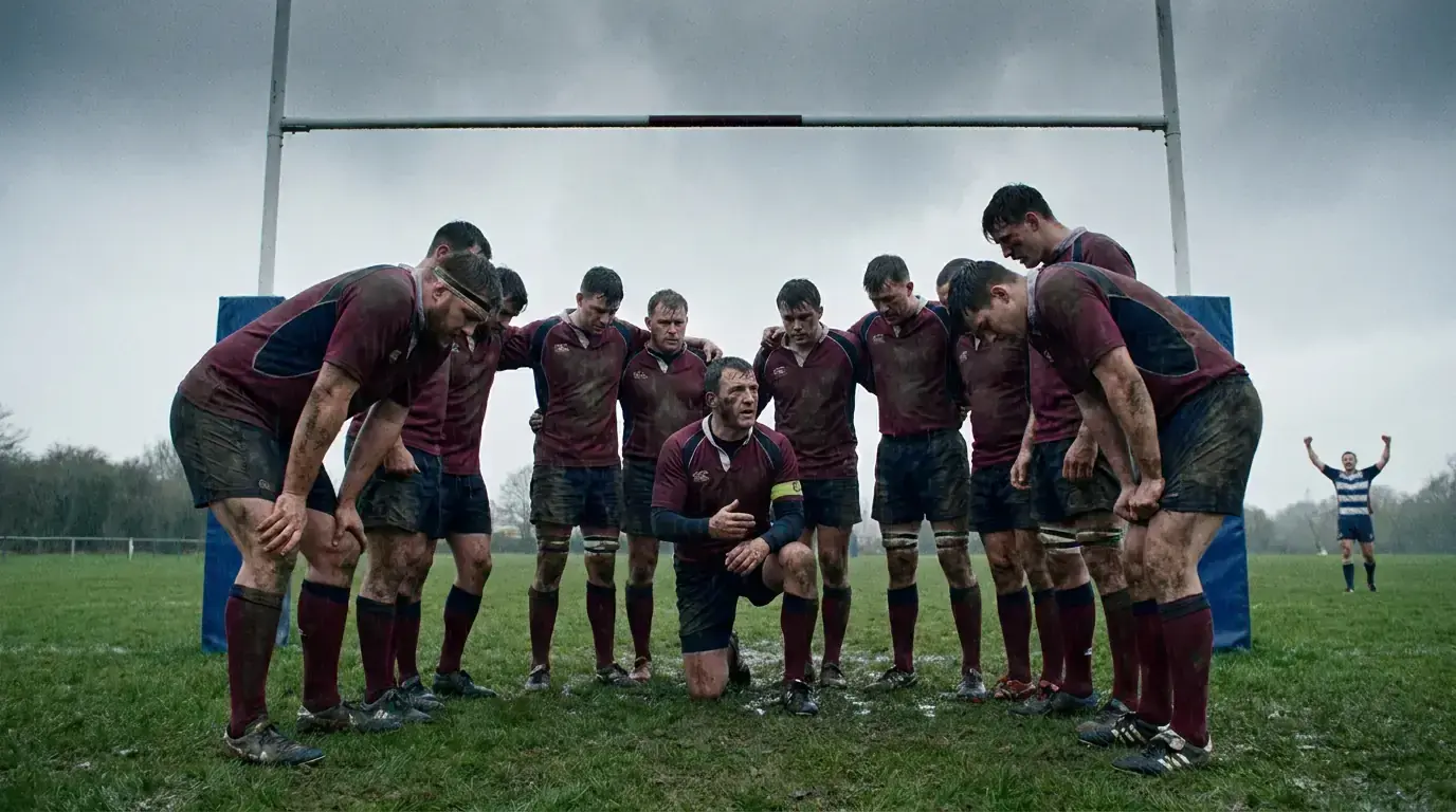 Rugby team huddling under the posts after conceding a try
