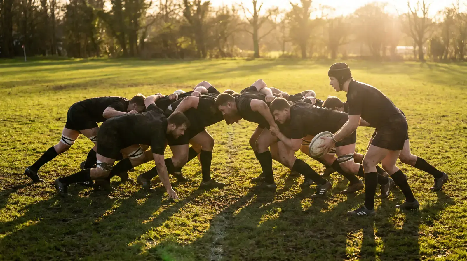 A rugby scrum set piece engaging on a sunlit pitch