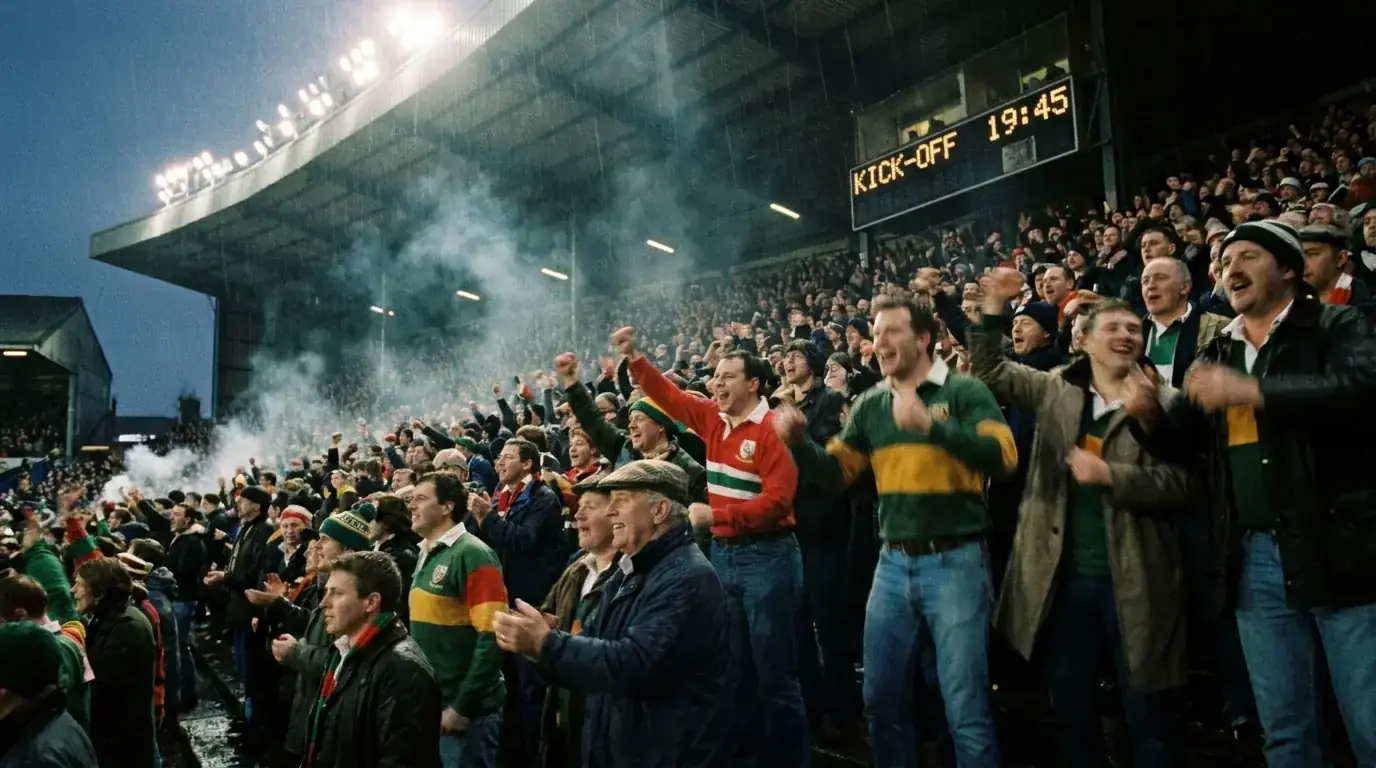 Crowd in a rugby stadium at evening kick-off under floodlights
