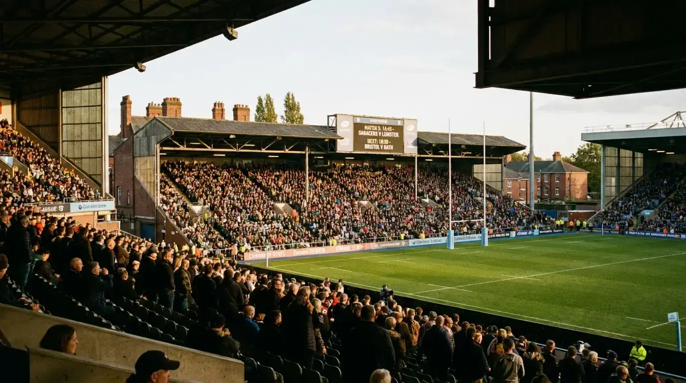 Rugby tournament stadium with crowd between matches