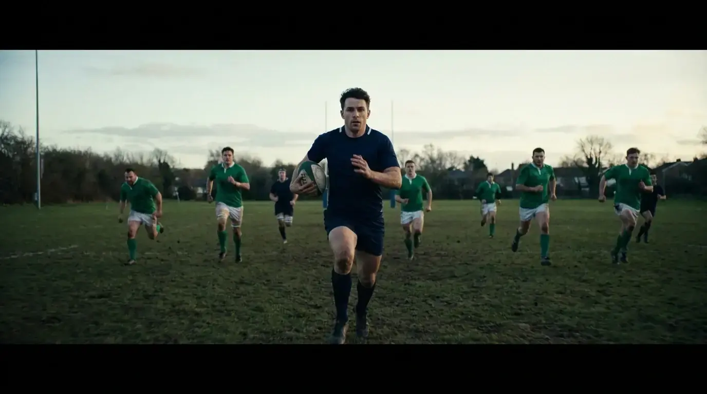 A rugby fly-half running with the ball into space