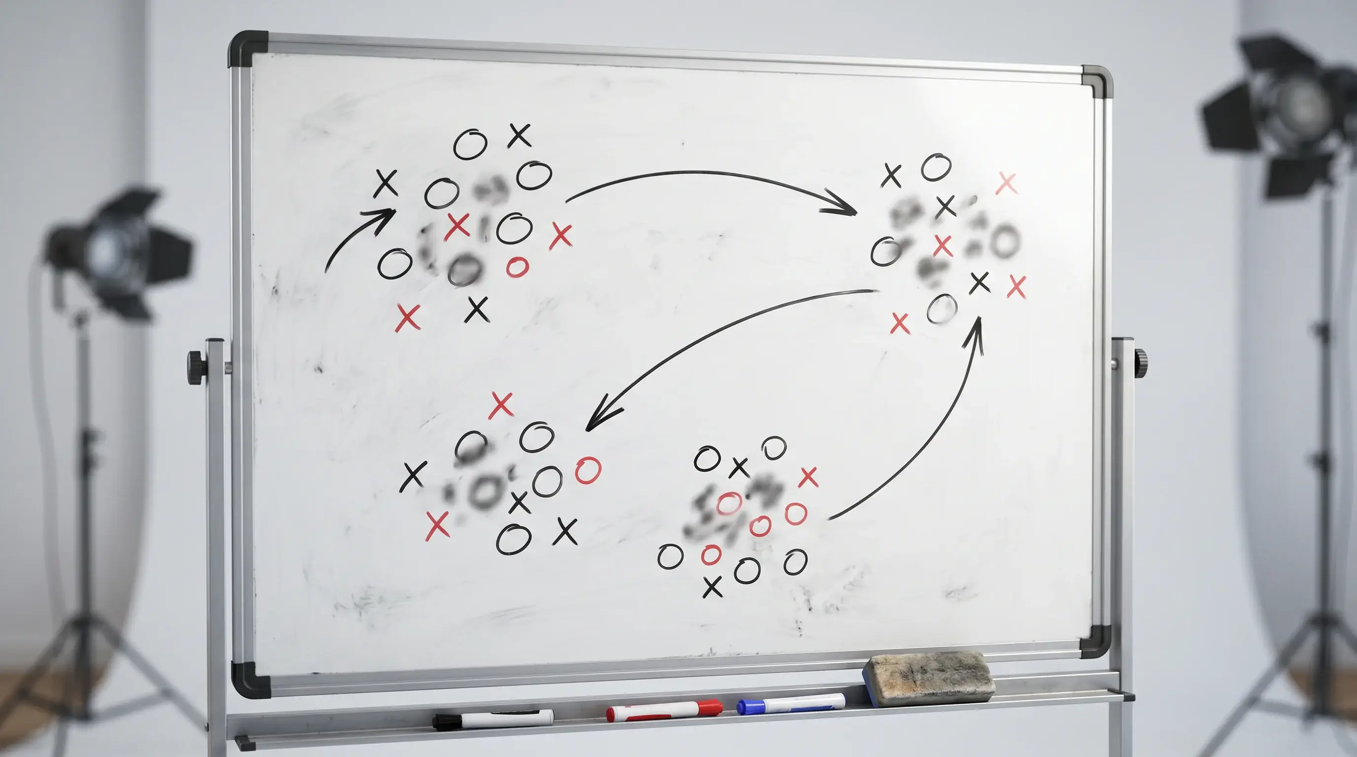 Rugby tactics board with arrows describing connected events in a single match