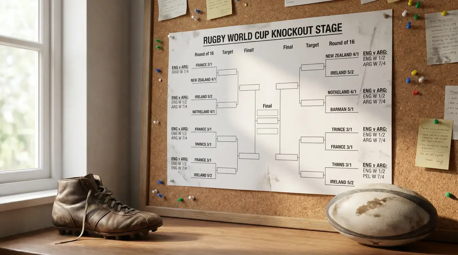 Rugby World Cup knockout bracket with outright and match prices side by side