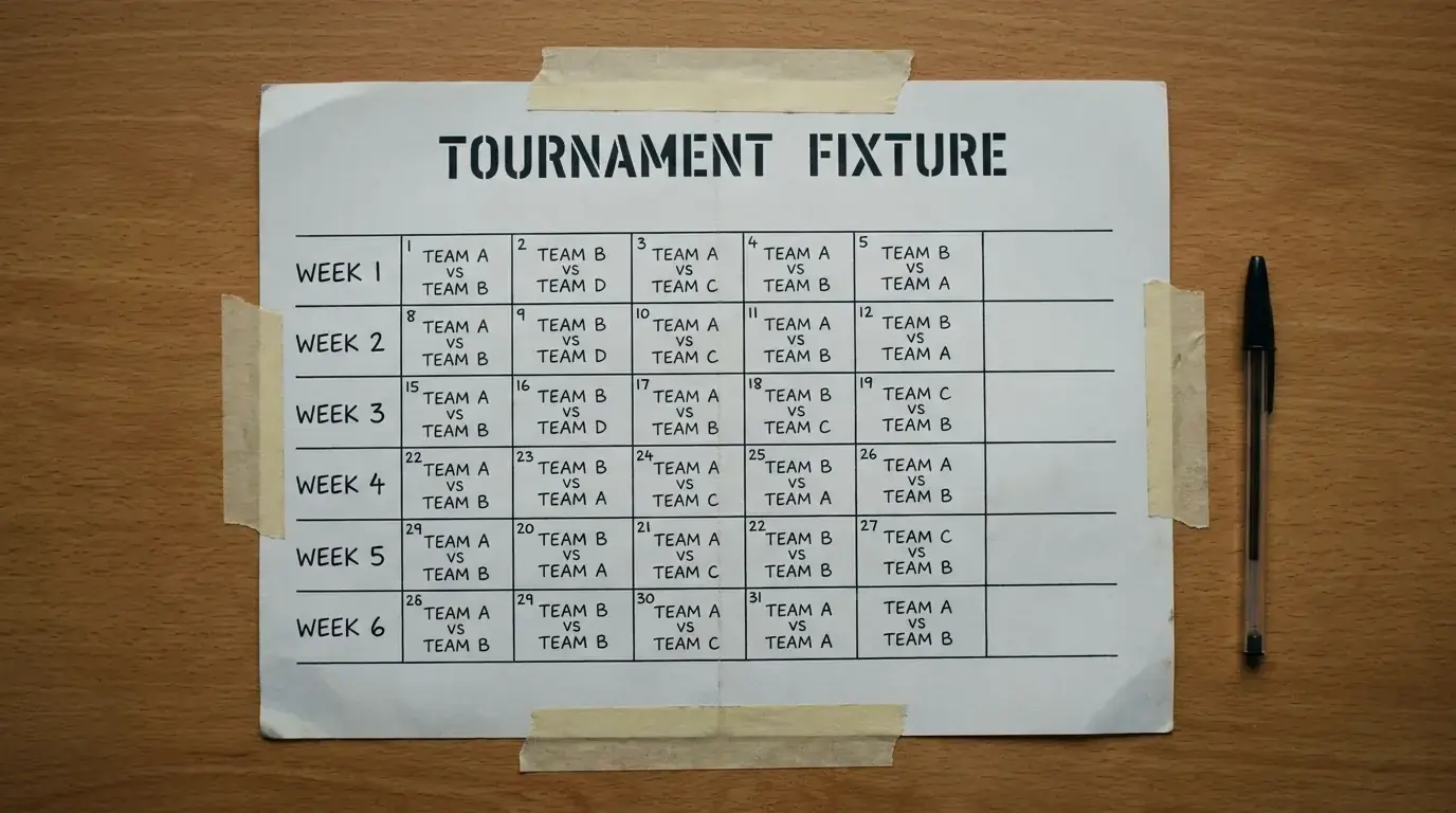 Printed six-week tournament calendar plotted across two A4 sheets