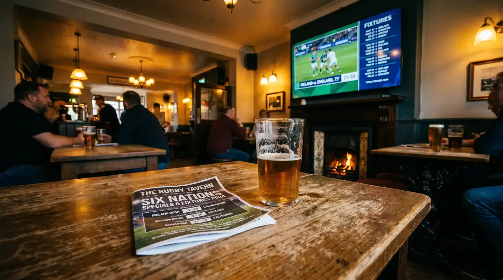 A pub TV screen showing a rugby tournament fixture