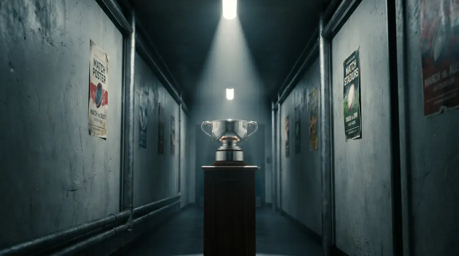 A rugby tournament trophy on a plinth at the end of a long corridor