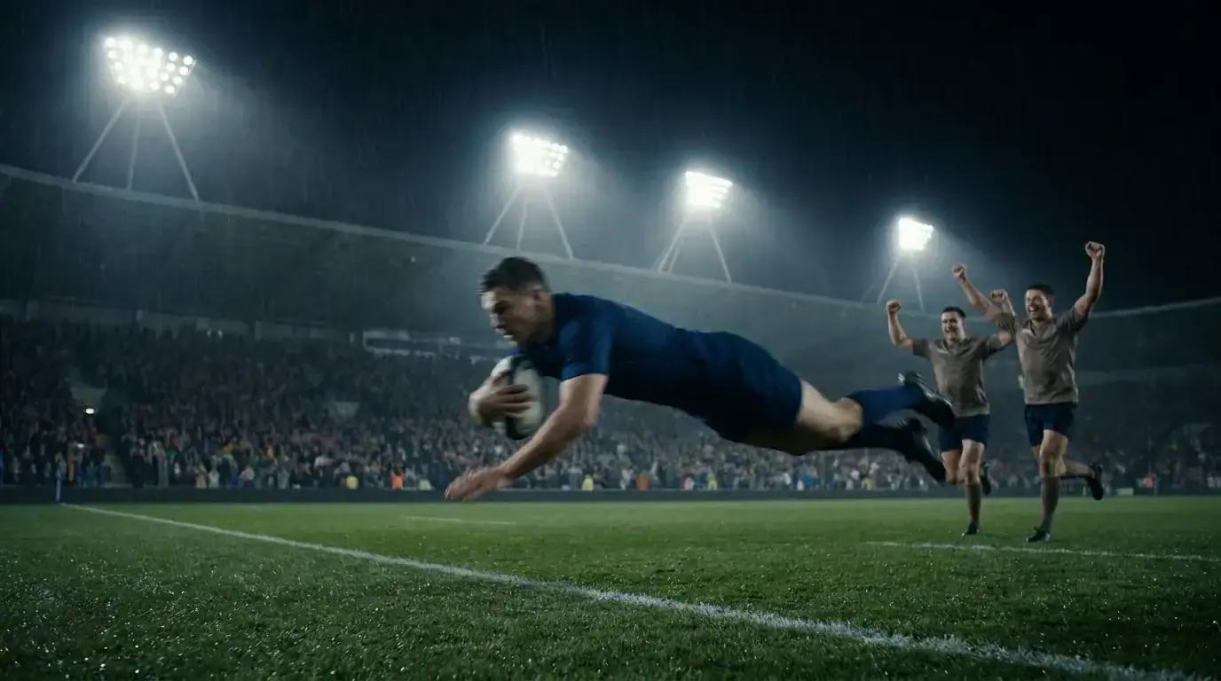 A rugby underdog scoring a late try with players celebrating