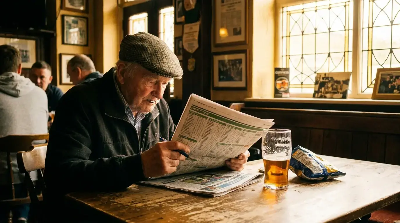 Older man at a pub table reading a newspaper sports pages with a pen in hand