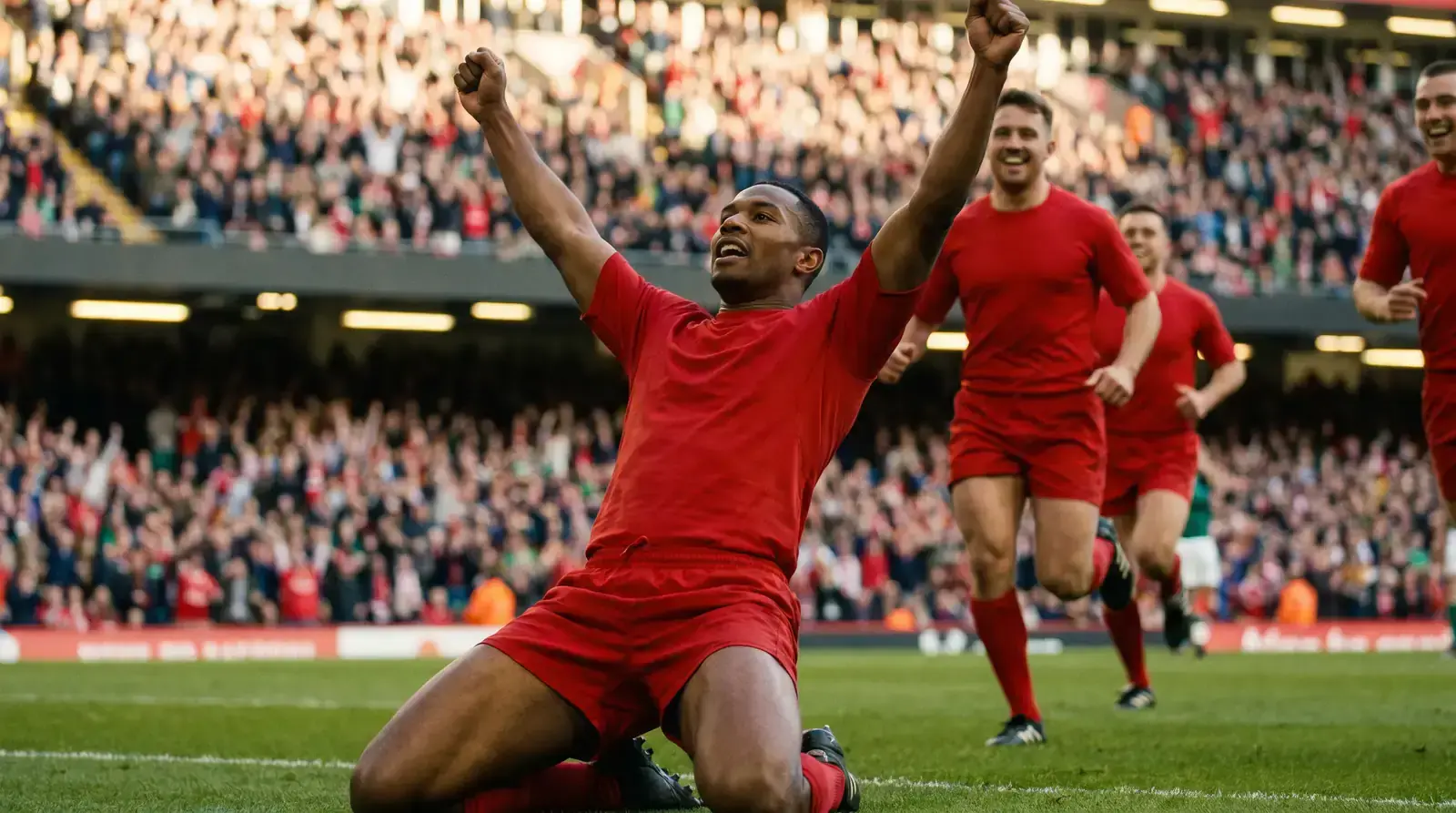 Rugby winger celebrating a try with arms raised