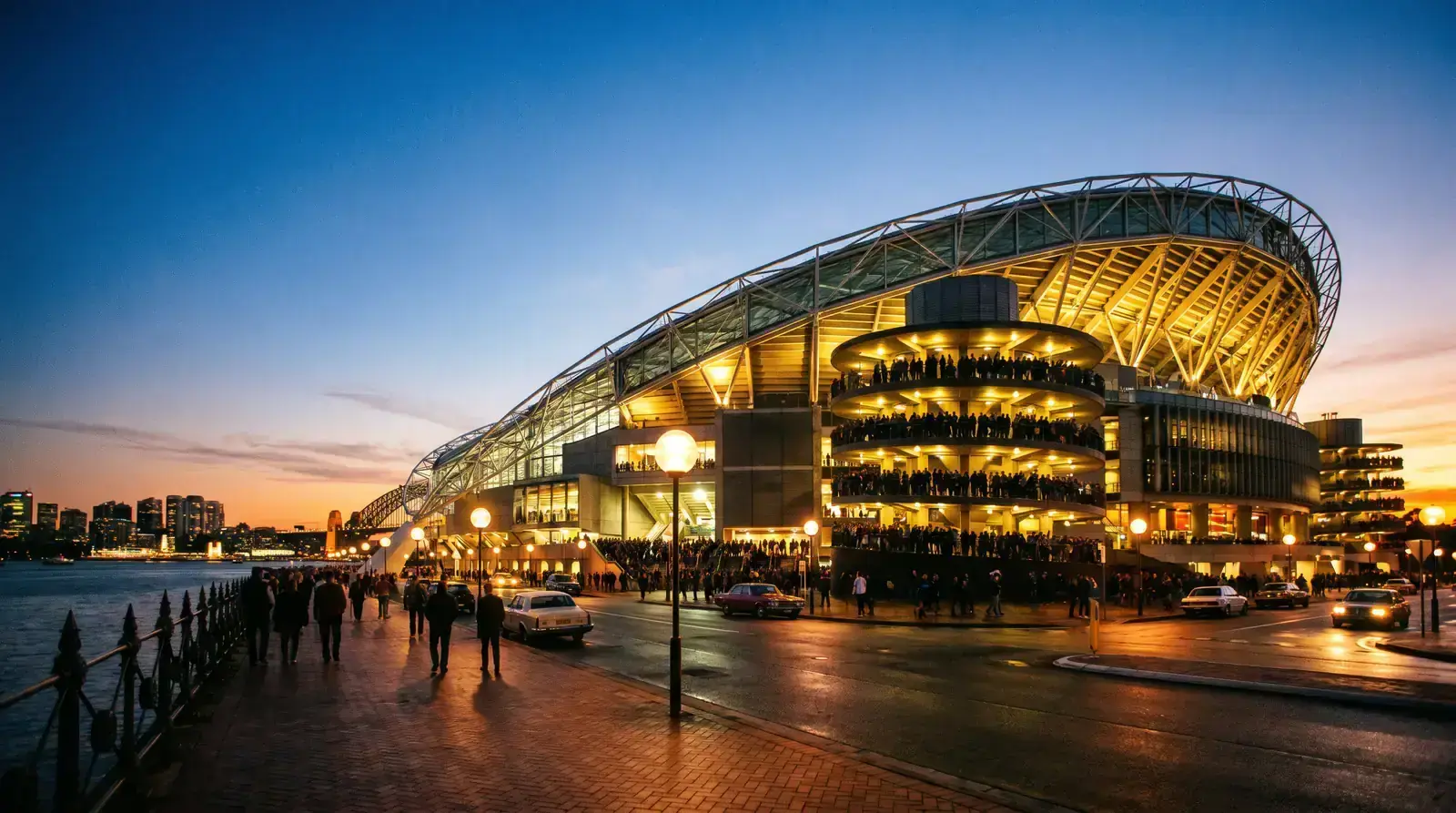 Wide view of Accor Stadium in Sydney lit up at dusk before a rugby union test match