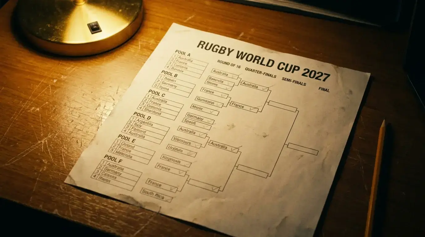 Rugby World Cup 2027 bracket showing six pools of four with the new Round of 16