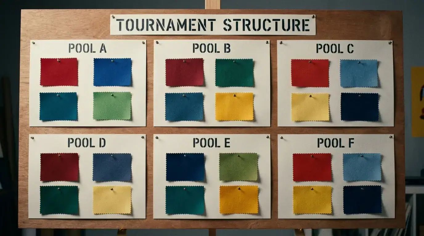 Plain tournament structure board showing six pools of four teams