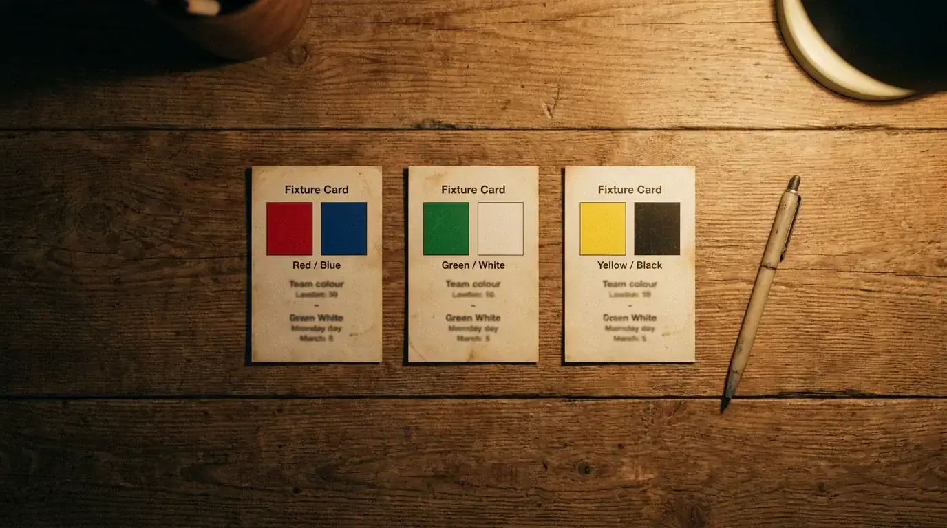 Three rugby fixture cards laid out in a row on a wooden table