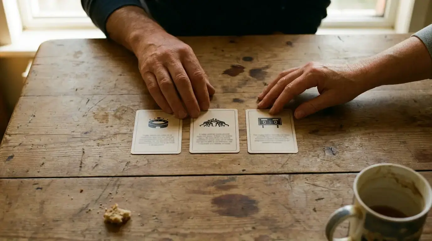 Three rugby outcome cards being lined up by hand on a wooden table