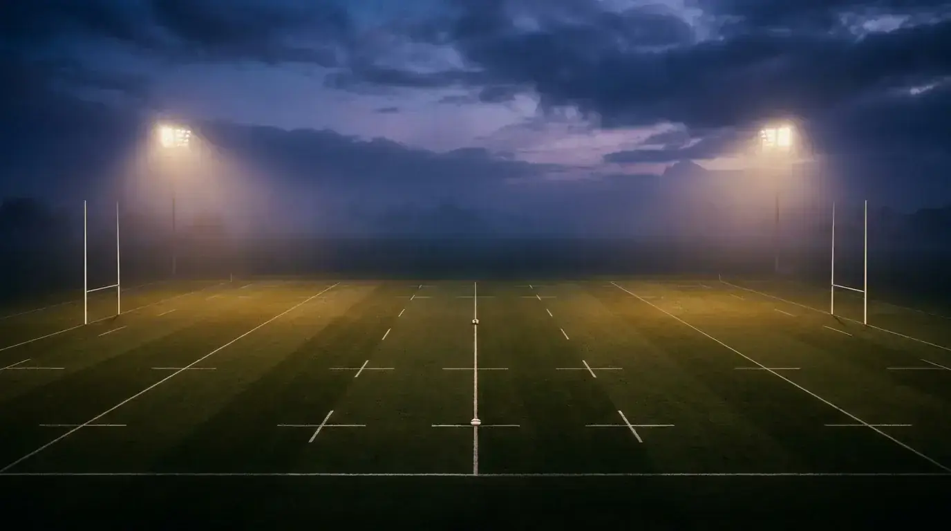 Aerial view of a floodlit rugby pitch with data overlay representing Rugby World Cup betting markets