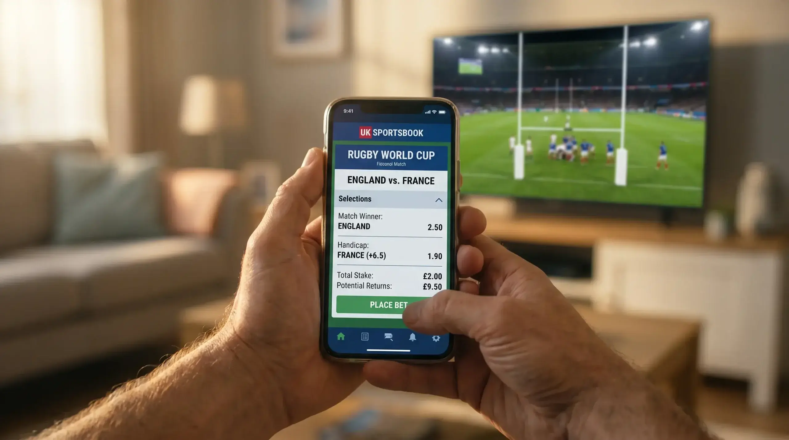 A bettor placing a Rugby World Cup wager on a mobile sportsbook with match winner and handicap markets visible