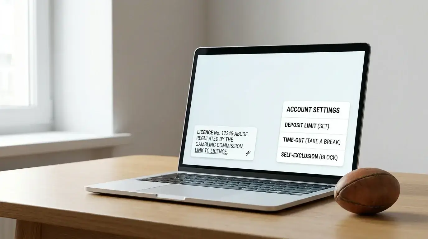 A UK Gambling Commission licence verification screen with deposit limit and self-exclusion controls visible alongside Rugby World Cup markets
