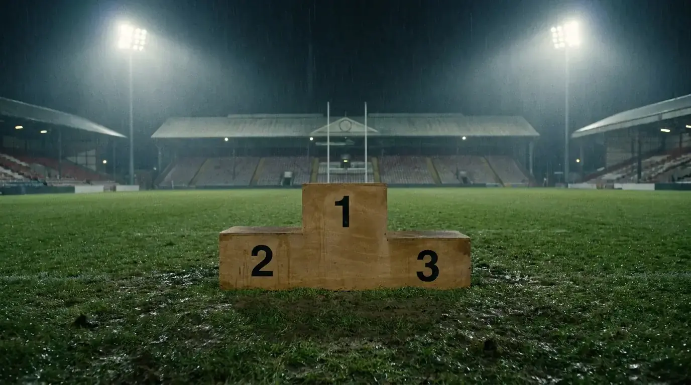 Rugby tournament podium with three places lit by stadium spotlights