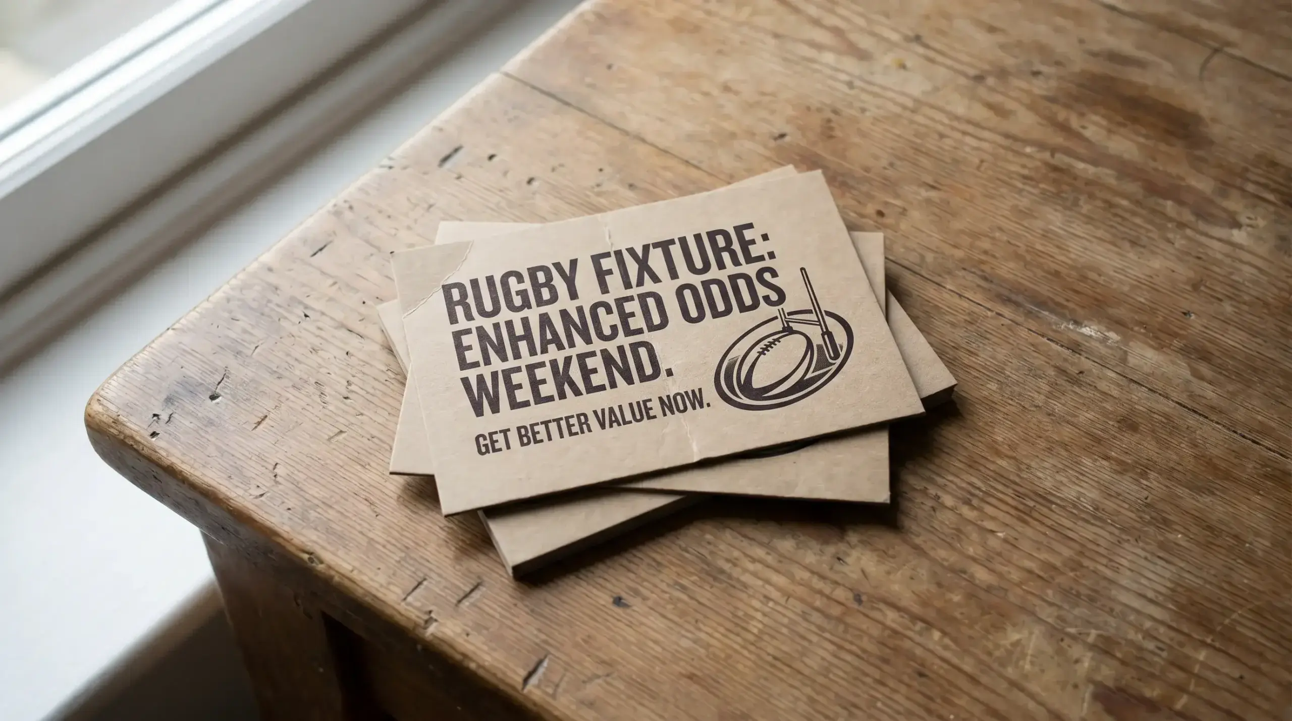 Stack of printed sportsbook promotional cards offering enhanced odds on rugby