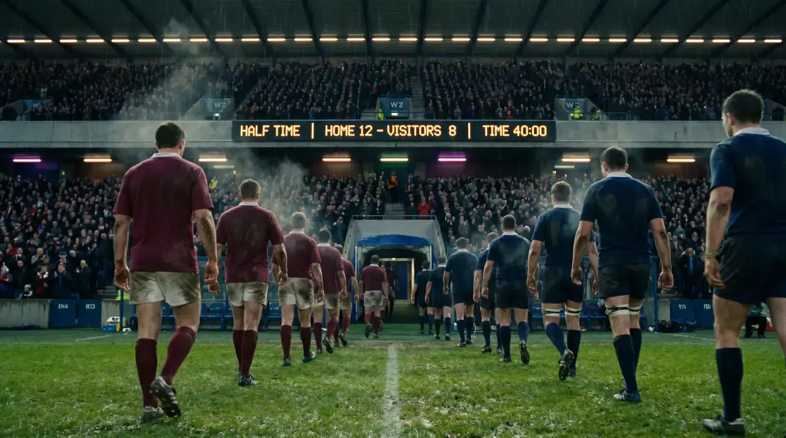Rugby halftime whistle moment with players walking off as the floodlights catch the scoreboard