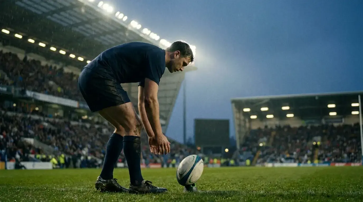 Rugby kicker preparing to take a conversion under stadium floodlights