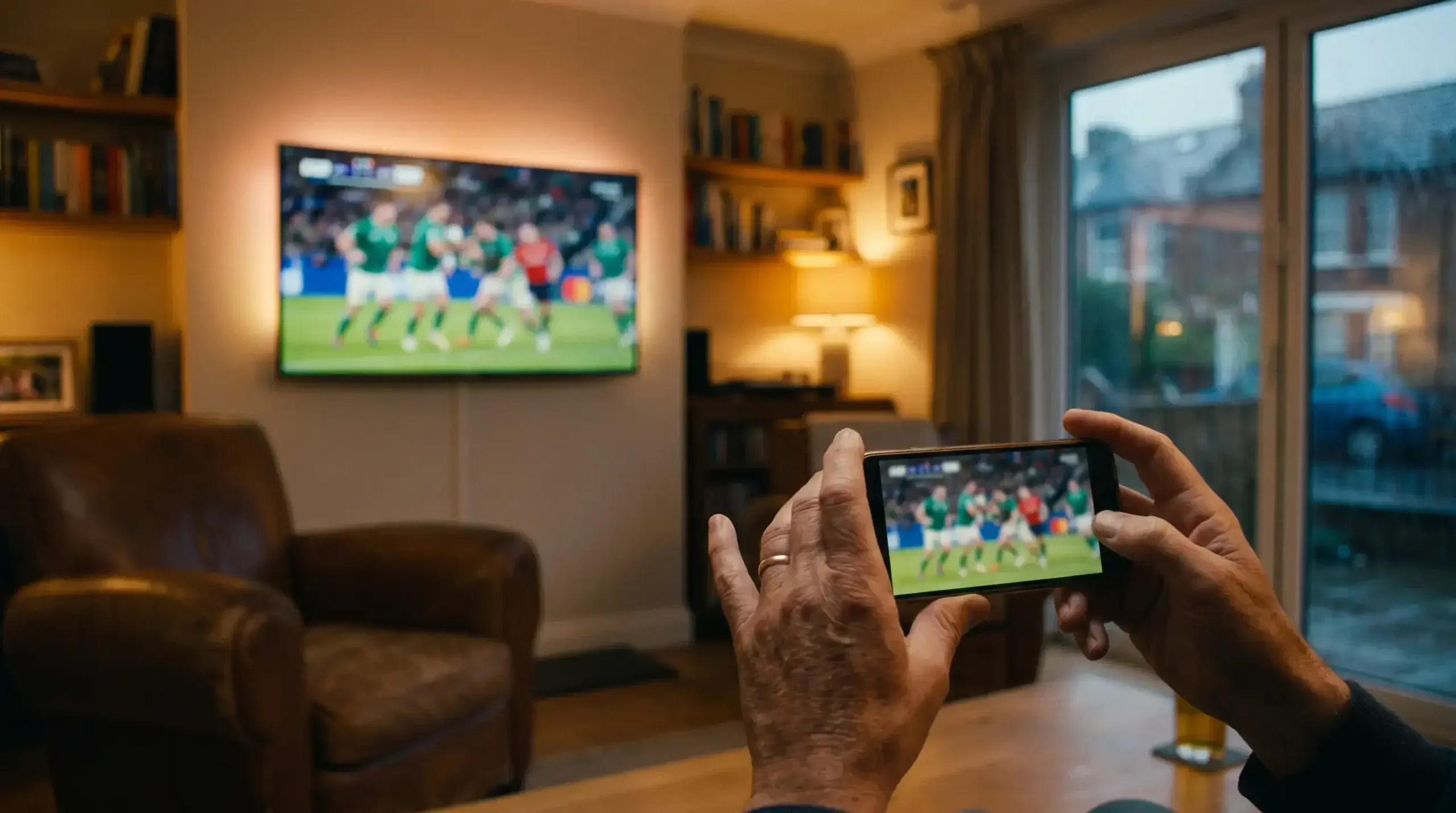 Mobile phone held in front of a rugby match being watched on a TV screen