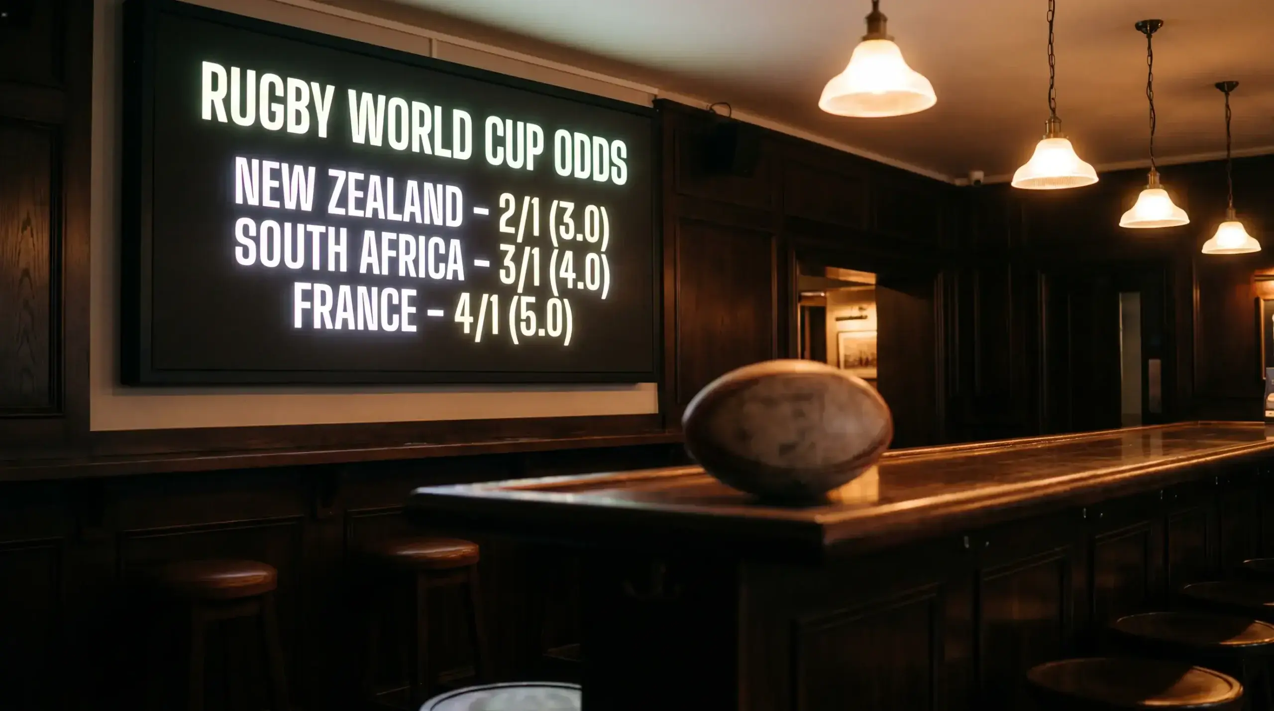 Rugby World Cup odds board showing New Zealand and South Africa as joint favourites with fractional and decimal prices