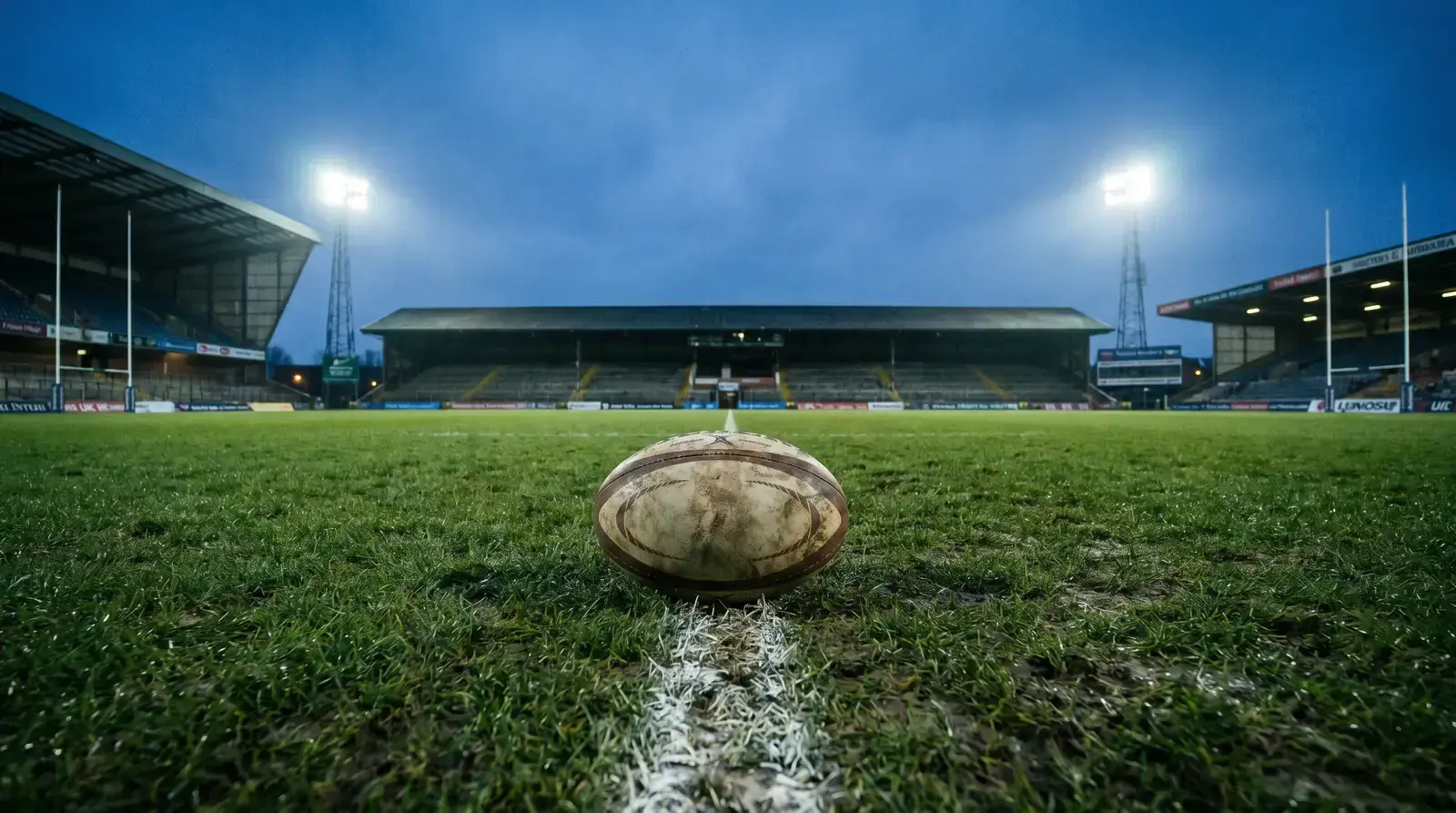 Rugby ball resting on a pitch with floodlit stadium stands in the background