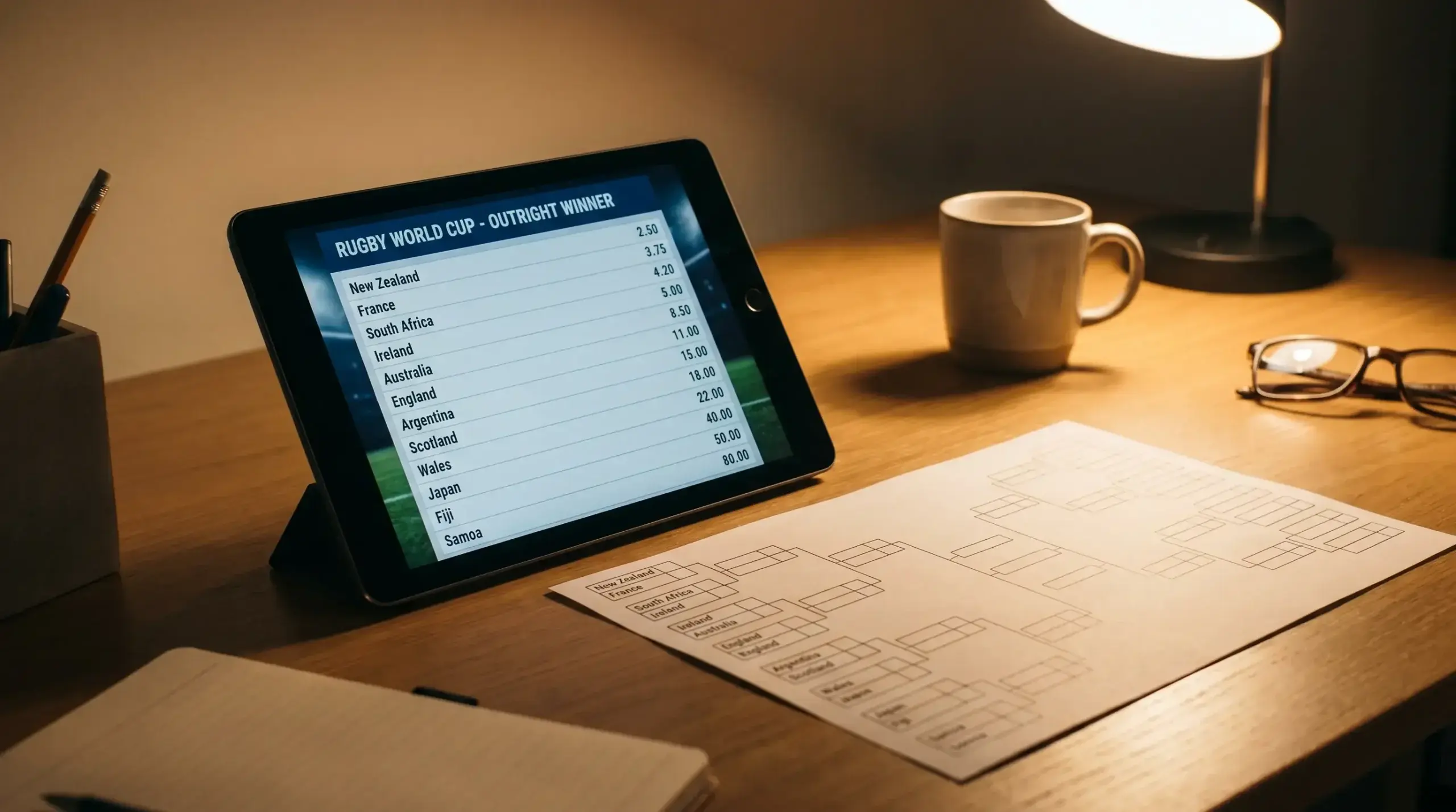 Tablet displaying Rugby World Cup outright winner market with team prices