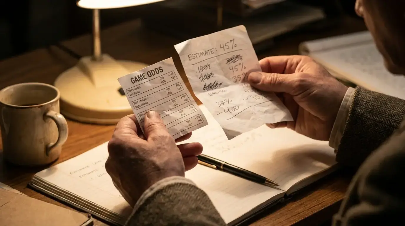 A bettor weighing a printed odds card against a handwritten probability estimate