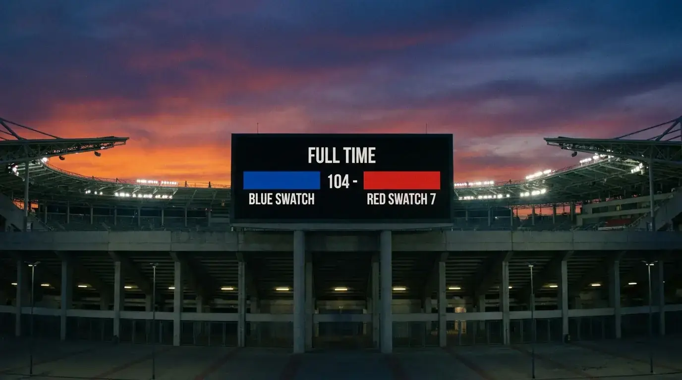 Rugby stadium scoreboard showing a large final margin between two teams