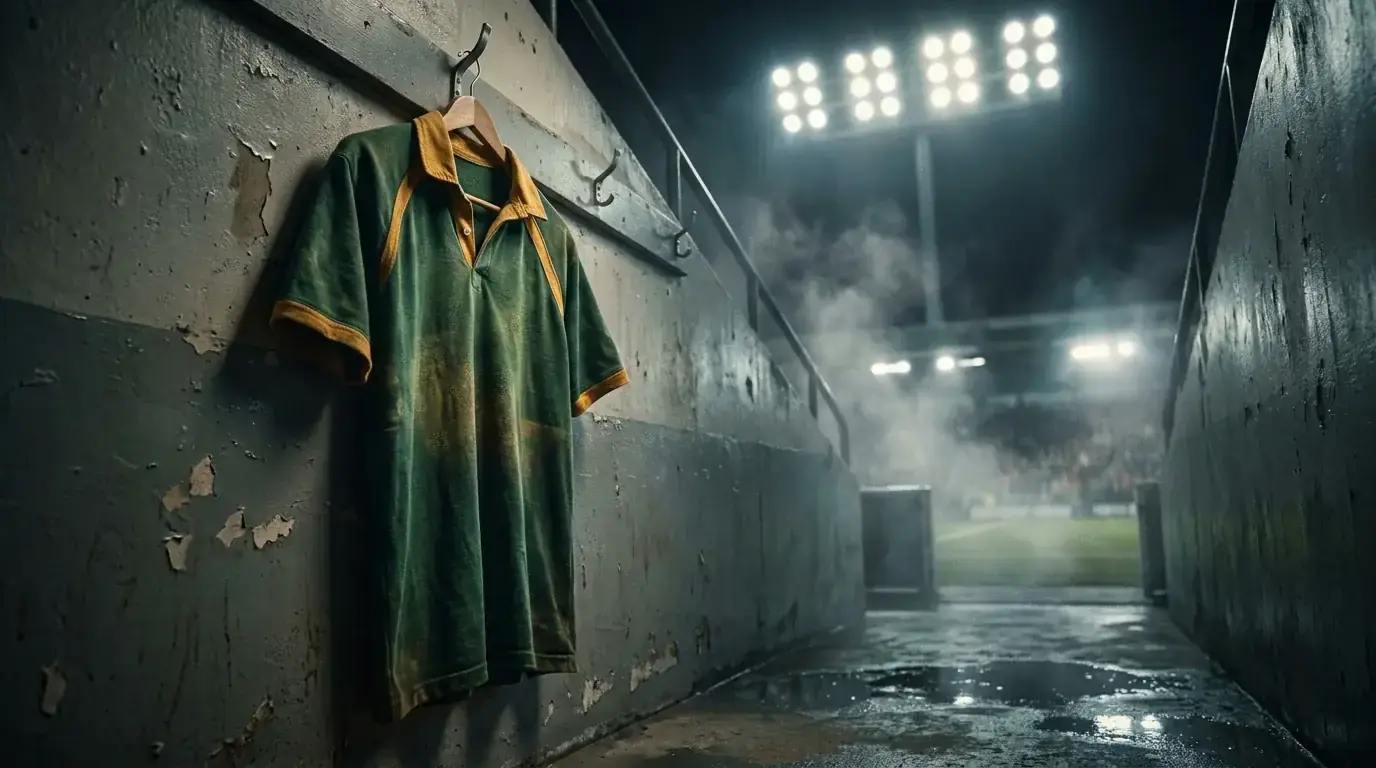 Green and gold rugby jersey hanging in a stadium tunnel before a knockout match
