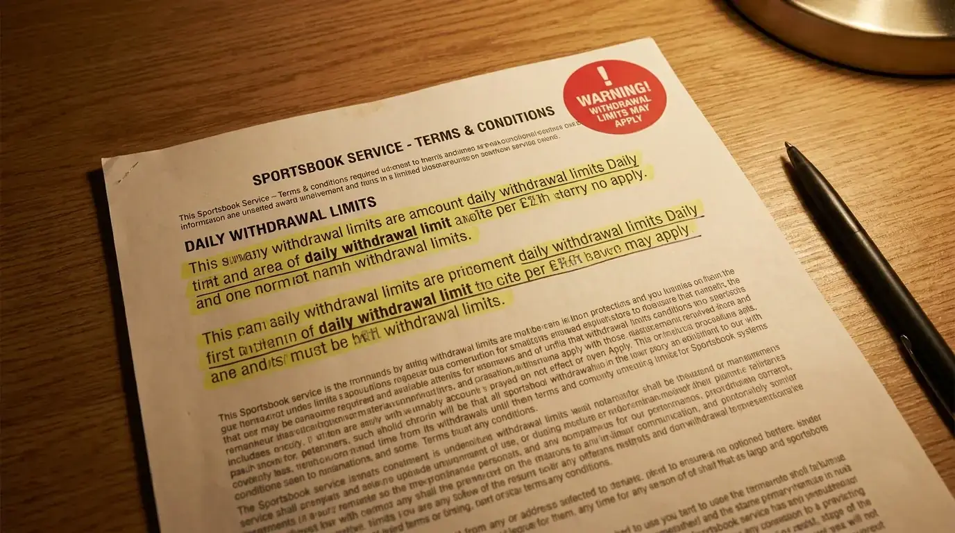 Warning indicator on a sportsbook withdrawal terms document during account review