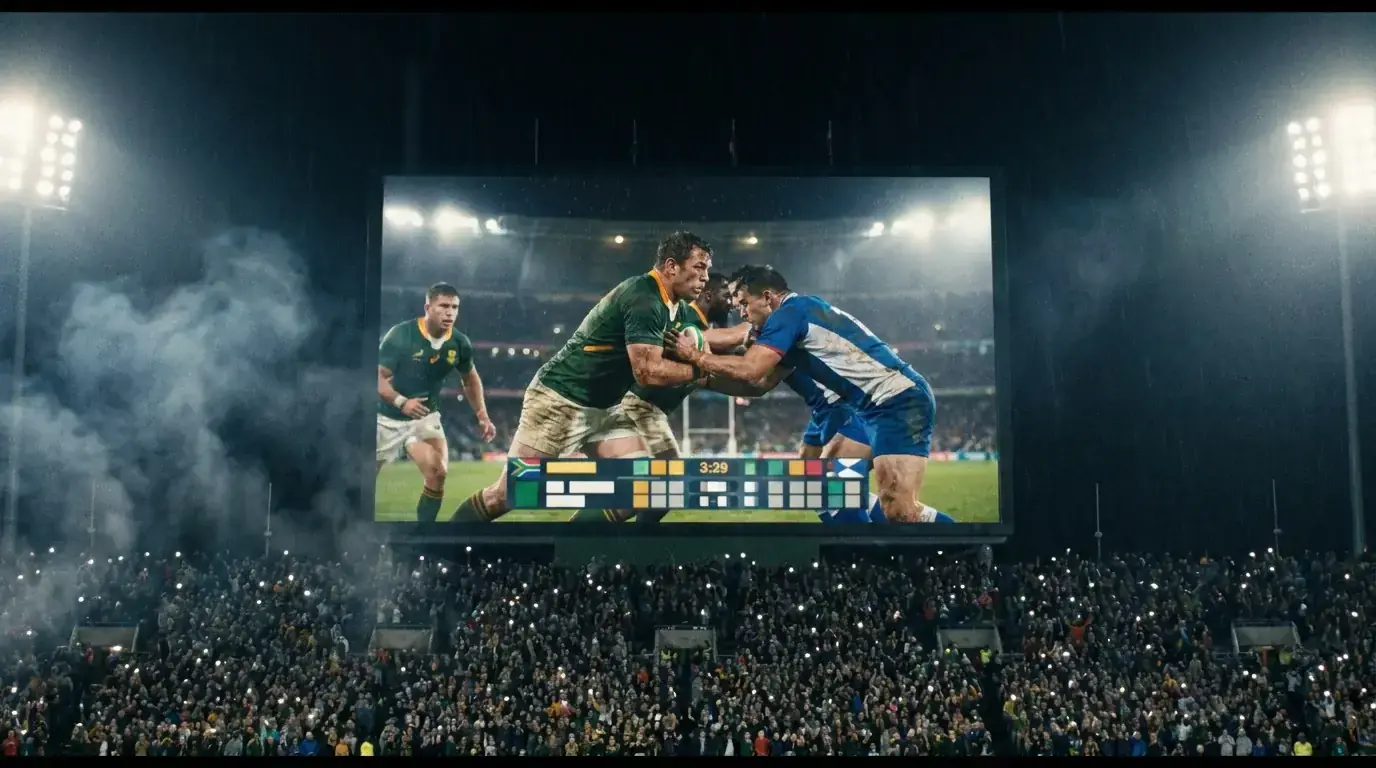 Stadium screen showing a tight rugby match with a green and gold team