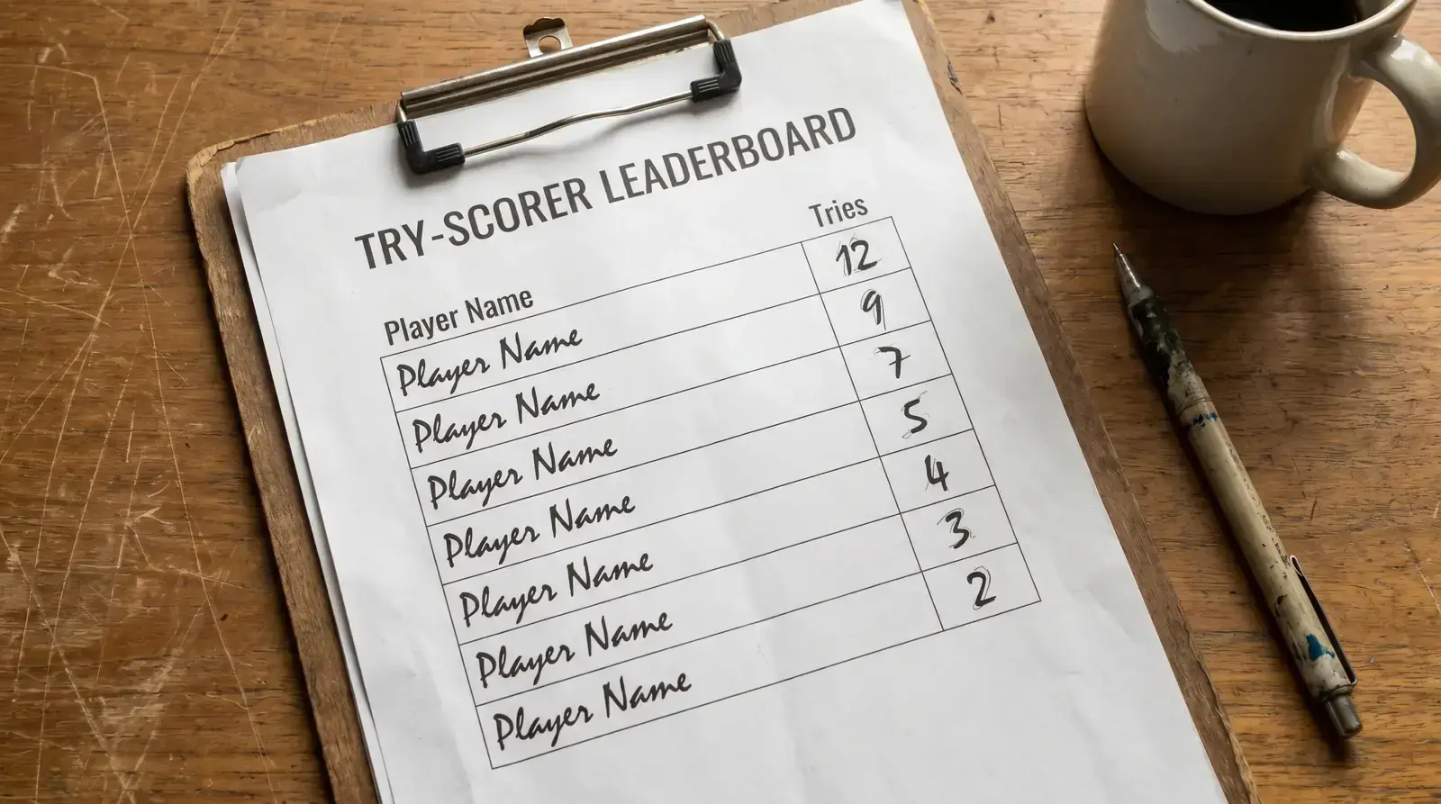 Plain tournament try-scorer leaderboard printed on paper