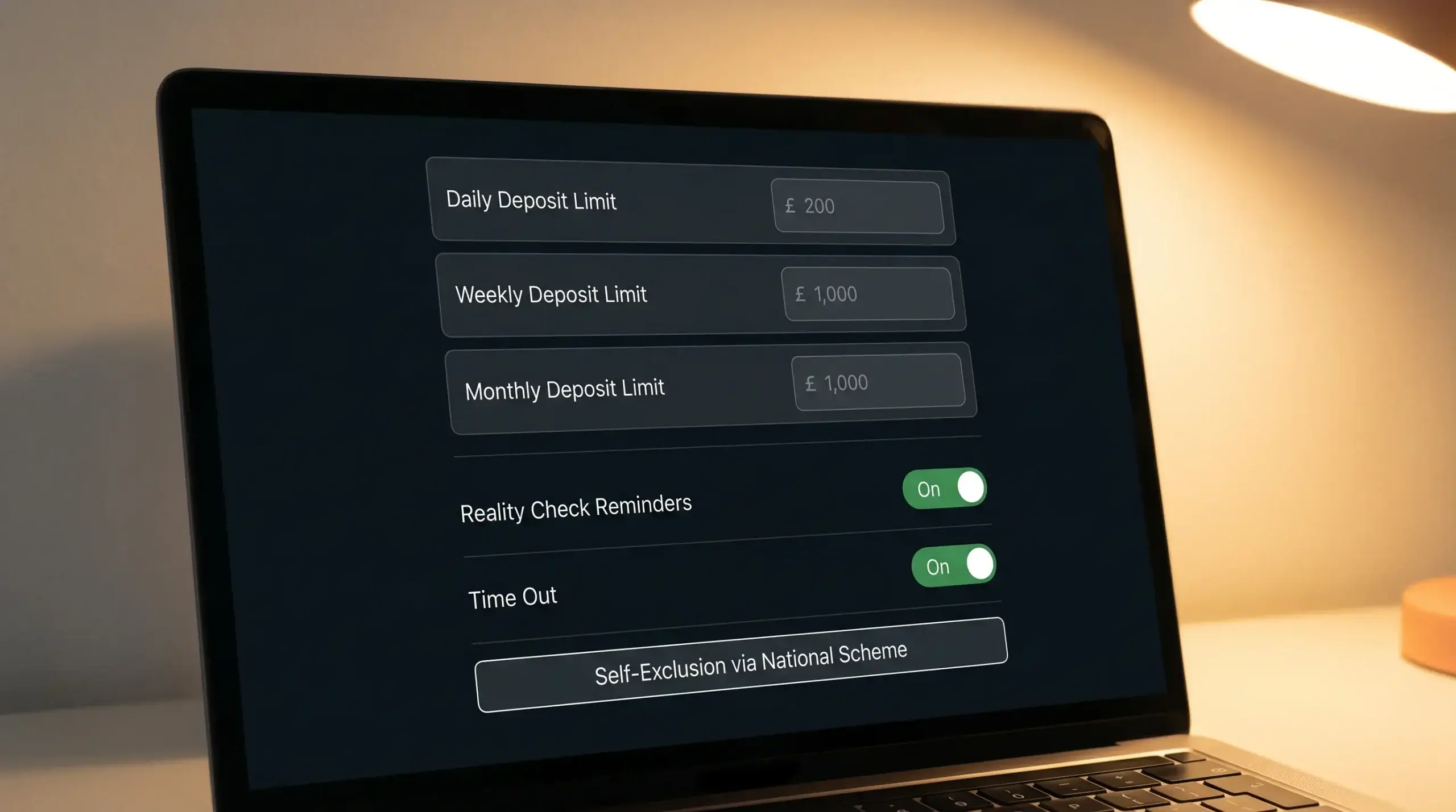 UK sportsbook account screen showing deposit limit and reality check controls