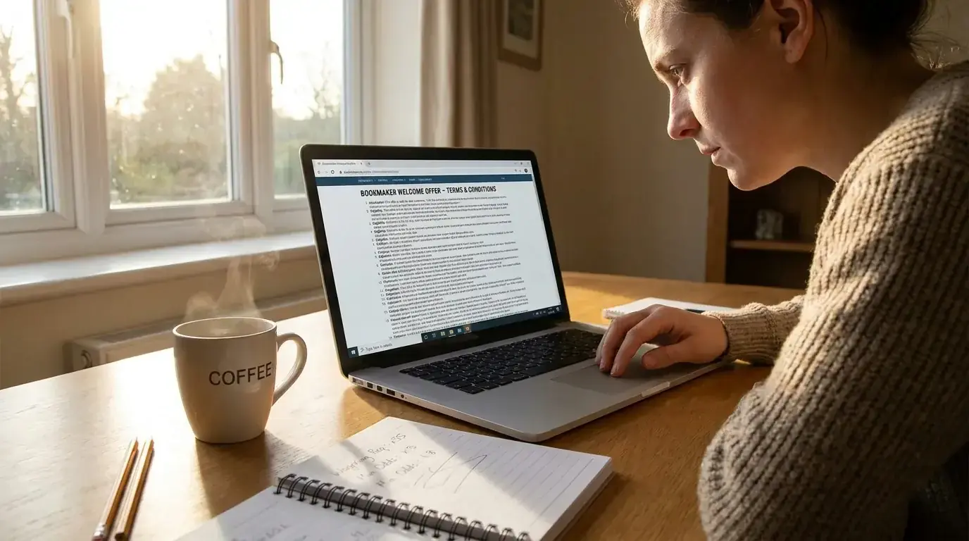 Bettor reading the terms and conditions of a UK sportsbook welcome offer on a laptop